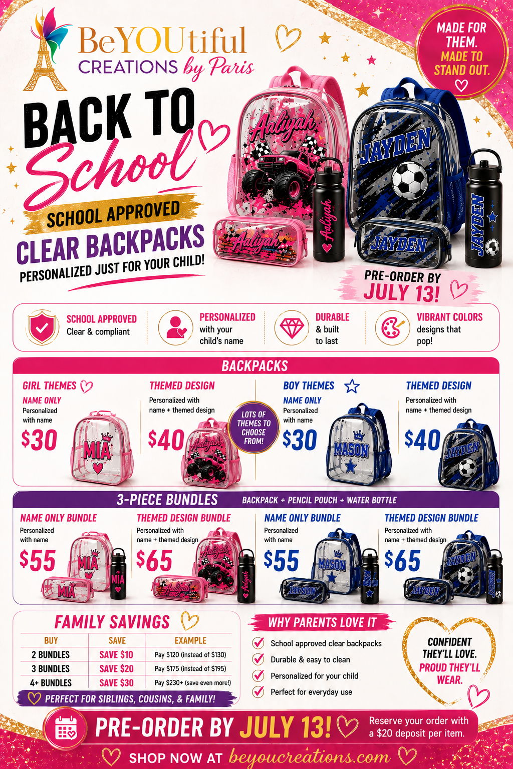 Personalized Clear Backpacks & Bundles (KIDS)